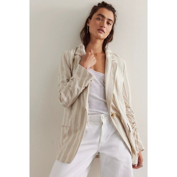 Free People Jackets & Blazers - Free People Beige and White Striped Linen Blazer